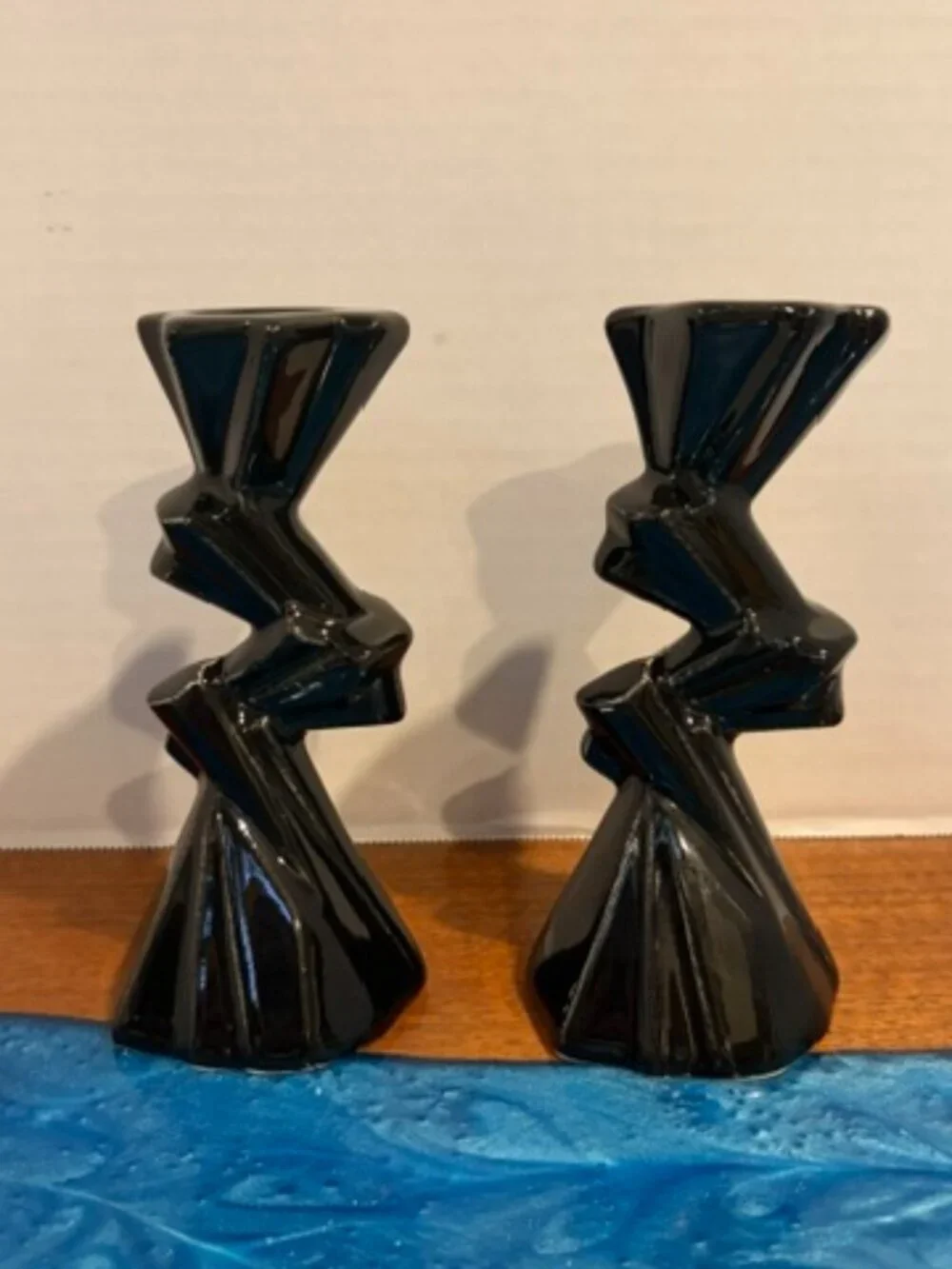 Pair of Black Art Deco Geometric Ceramic Candlestick Holders